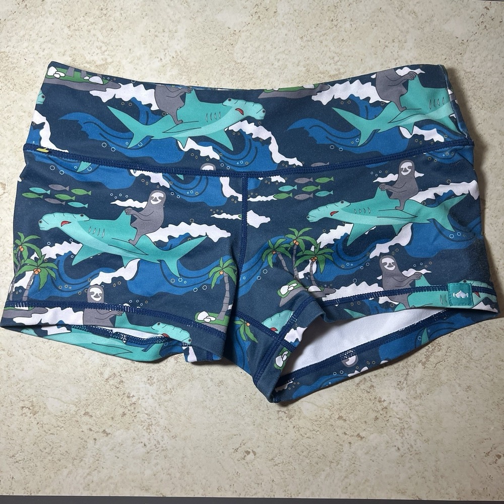 WodBottom Womens Medium Booty Shorts Sloth Riding Hammerhead Shark Athletic Gym